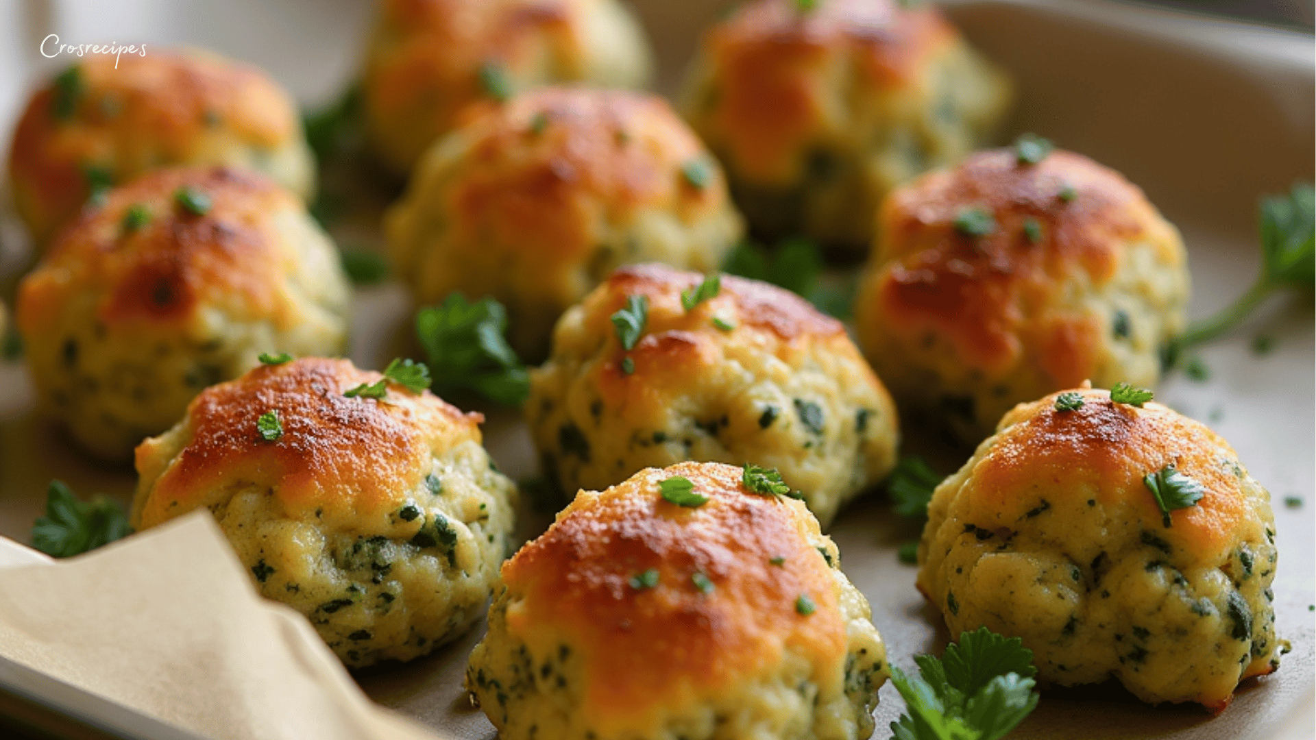 Boulettes de courgettes dorées au four, servies avec une sauce au yaourt et des herbes fraîches.