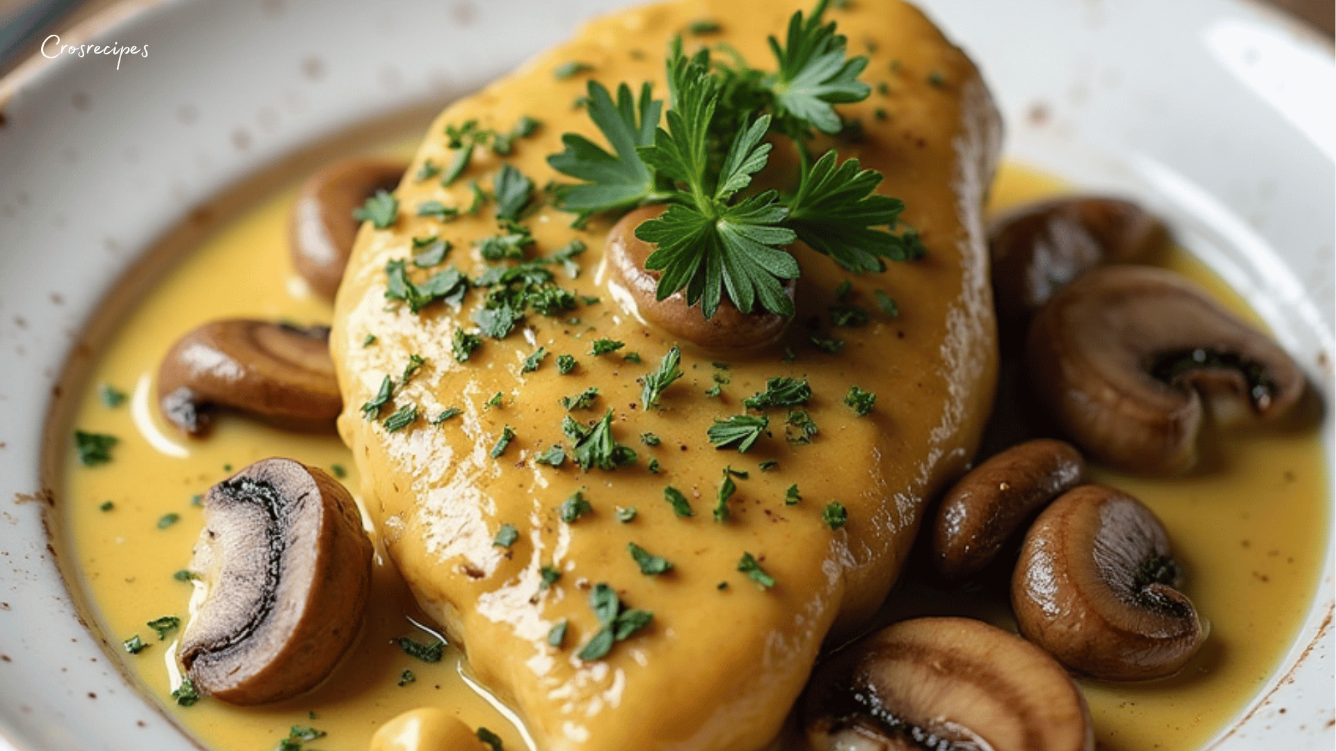 Une assiette de poulet à la moutarde et aux champignons nappé de sauce crémeuse, accompagné de riz et garni de persil frais.