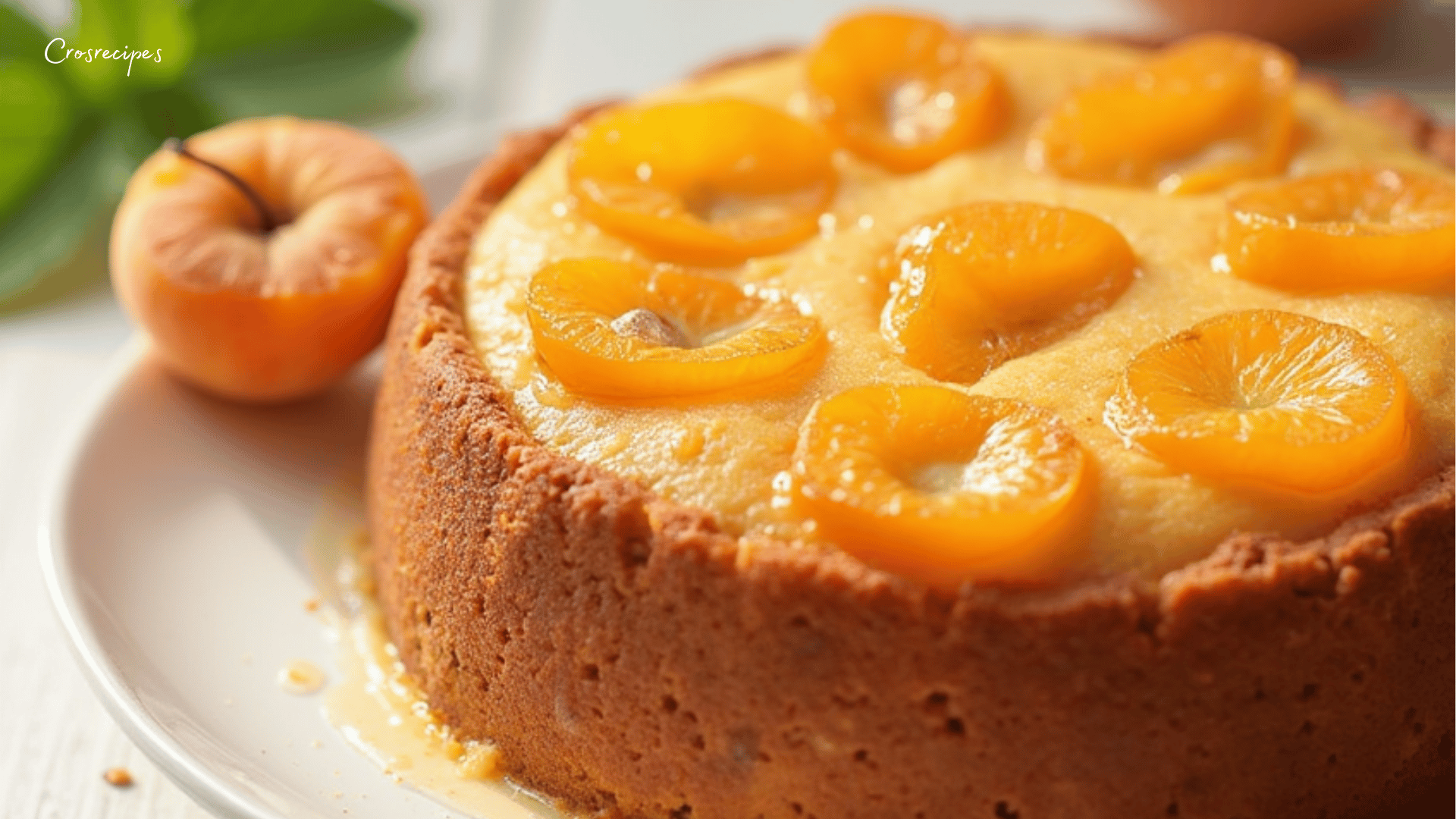 Un cake doré au yaourt et aux abricots, avec des morceaux de fruits juteux visibles, servi sur une assiette élégante.