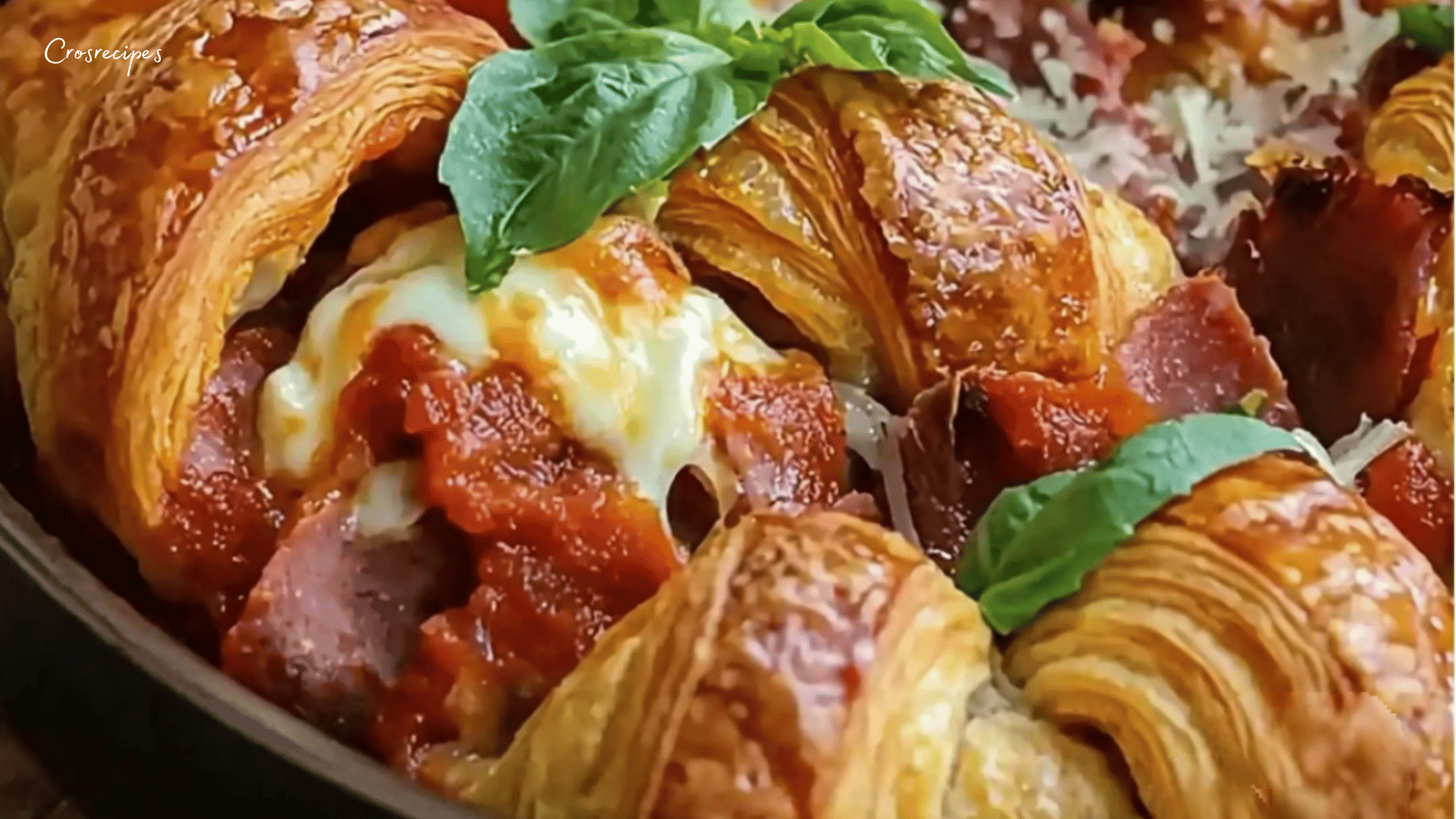 Une casserole dorée et fondante, garnie de croissants, fromages et sauce tomate, avec une touche de basilic frais.