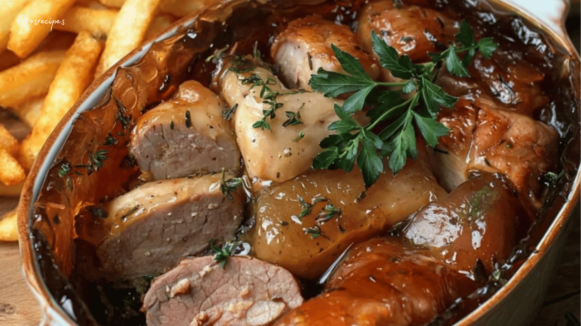 Terrine de potjevleesch maison servie avec des frites et de la salade verte, accompagnée d'une bière artisanale.