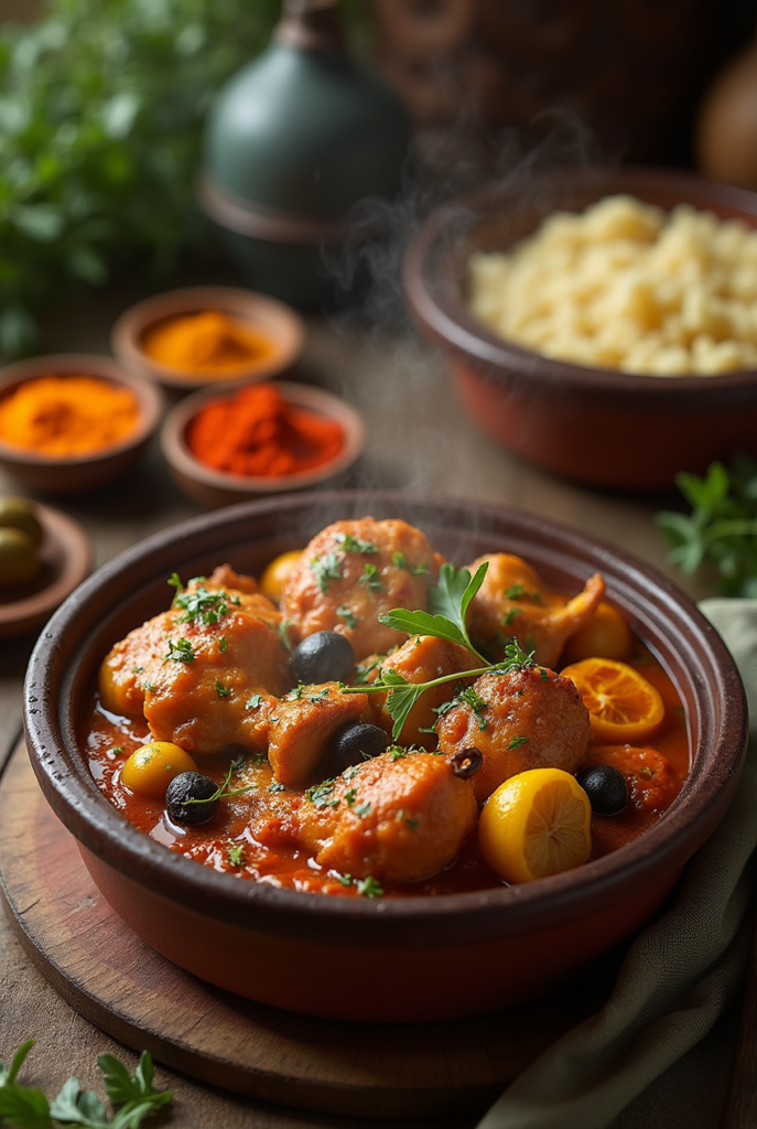 Tajine de poulet doré aux épices avec carottes et fruits secs dans un plat en terre cuite.