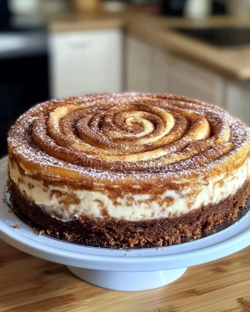 Cheesecake crémeux garni de morceaux de roulés à la cannelle dorés, nappé d’un sirop de miel brillant, servi sur une assiette.