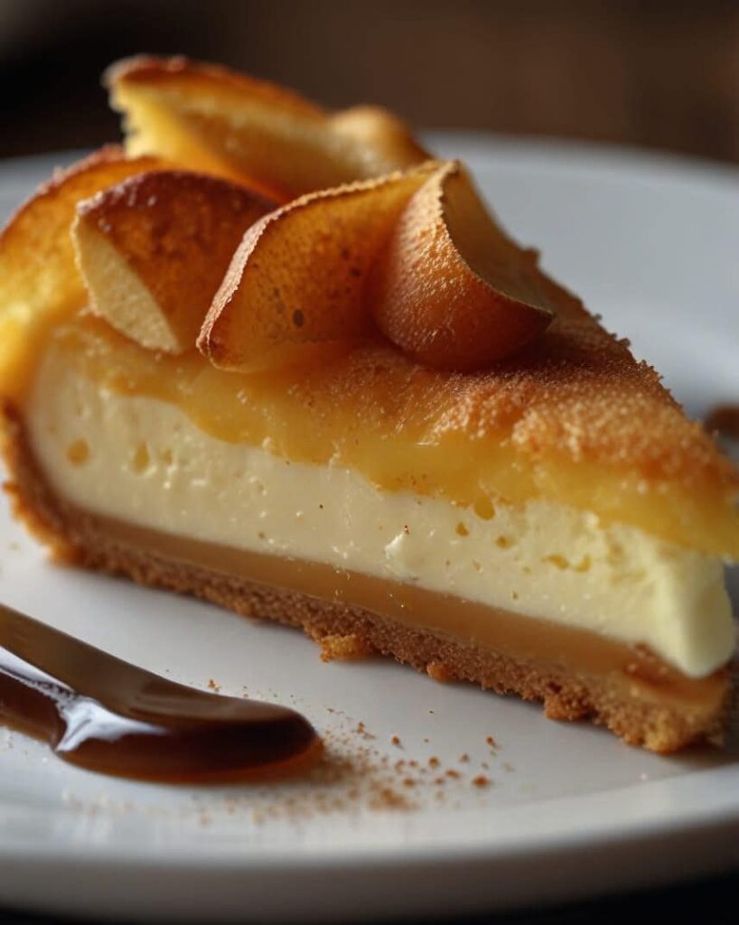 Gâteau fondant aux pommes et mascarpone, doré et moelleux, avec des morceaux de pommes fondants, présenté sur une assiette.