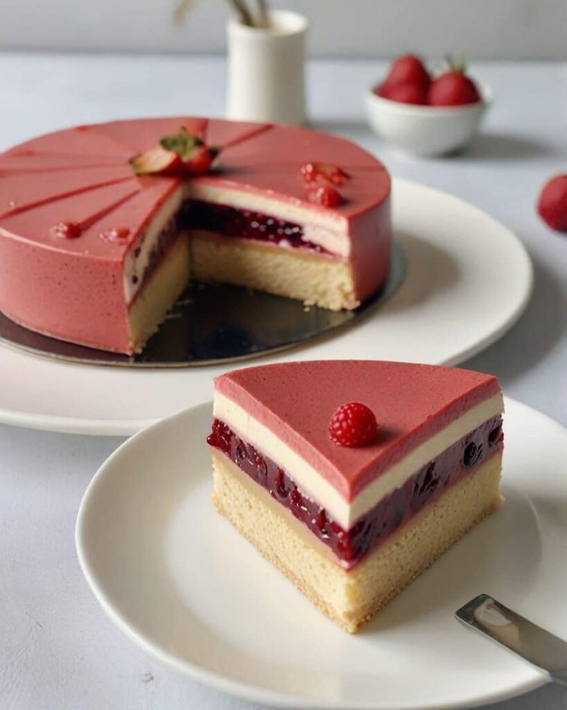 Un entremets aux fruits rouges élégant composé de trois couches : un biscuit moelleux, une mousse onctueuse aux fruits rouges et un miroir brillant, décoré avec des fraises, framboises et myrtilles fraîches.