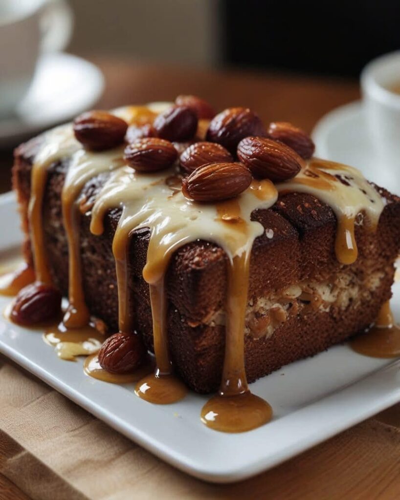 Coussins moelleux à la ricotta et aux amandes, dorés au four, arrosés de miel et saupoudrés d’amandes effilées, servis sur une assiette élégante.