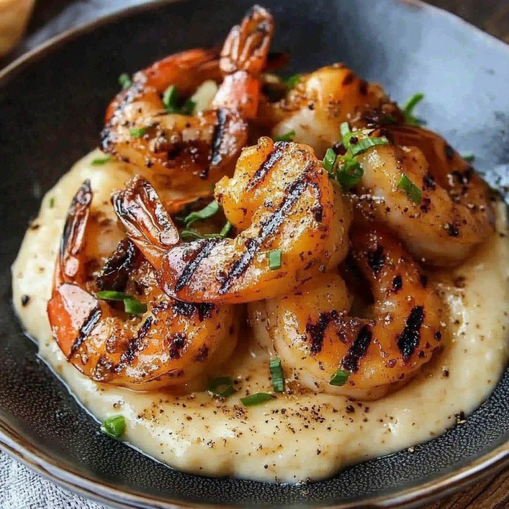 Assiette de crevettes grillées légèrement caramélisées, disposées sur un lit de polenta crémeuse, garnie d’herbes fraîches.