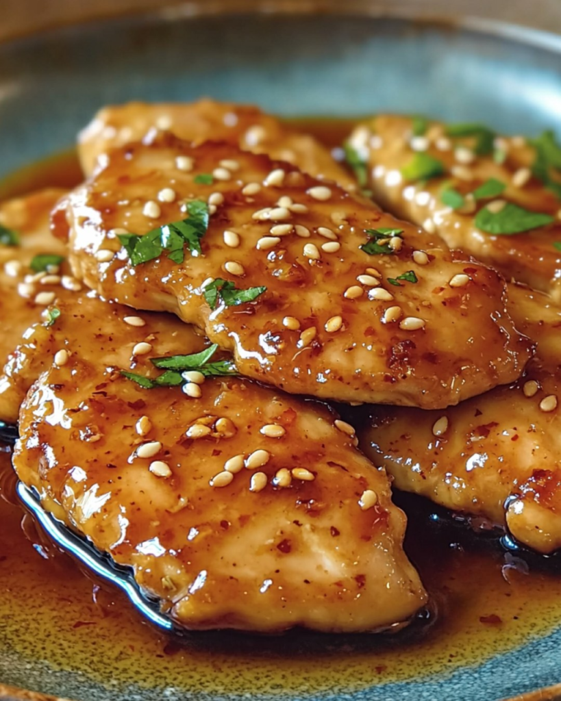 Escalopes de poulet dorées nappées d’une sauce au miel et à l’ail, parsemées de graines de sésame et de coriandre fraîche, servies avec du riz.
