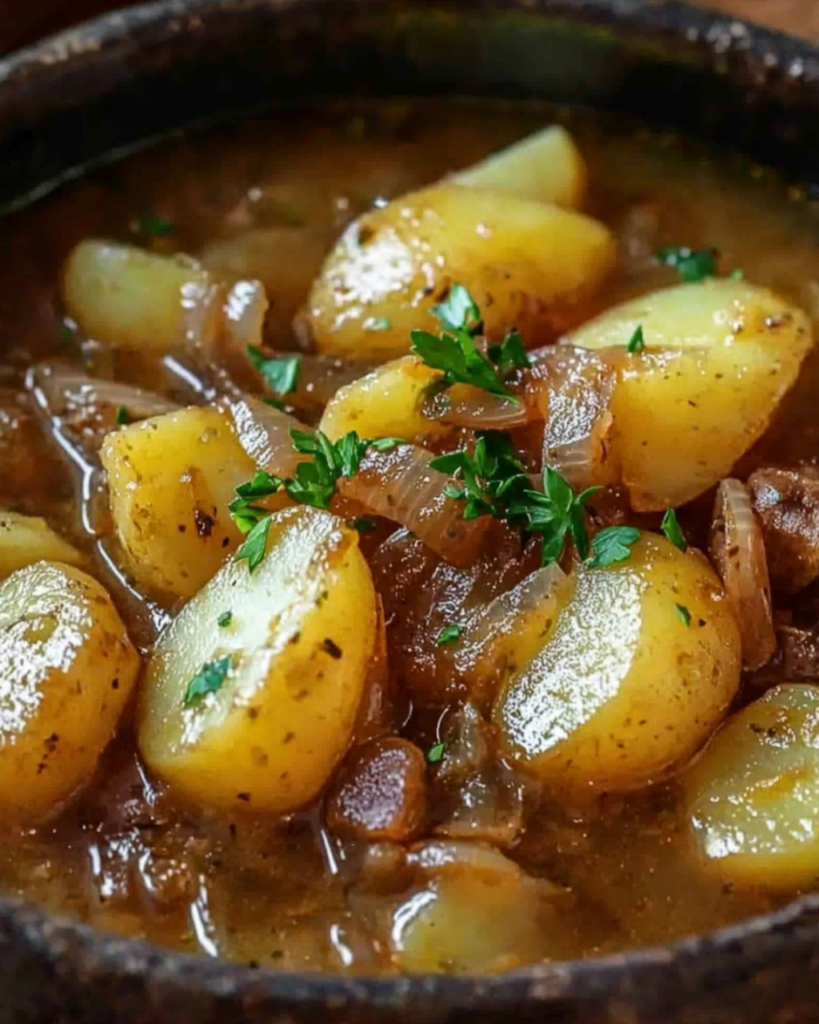 Un ragoût de pommes de terre à l’ancienne servi dans une cocotte en fonte, avec des morceaux de pommes de terre fondantes, des carottes, des lardons fumés et une sauce onctueuse, parsemé de persil frais.