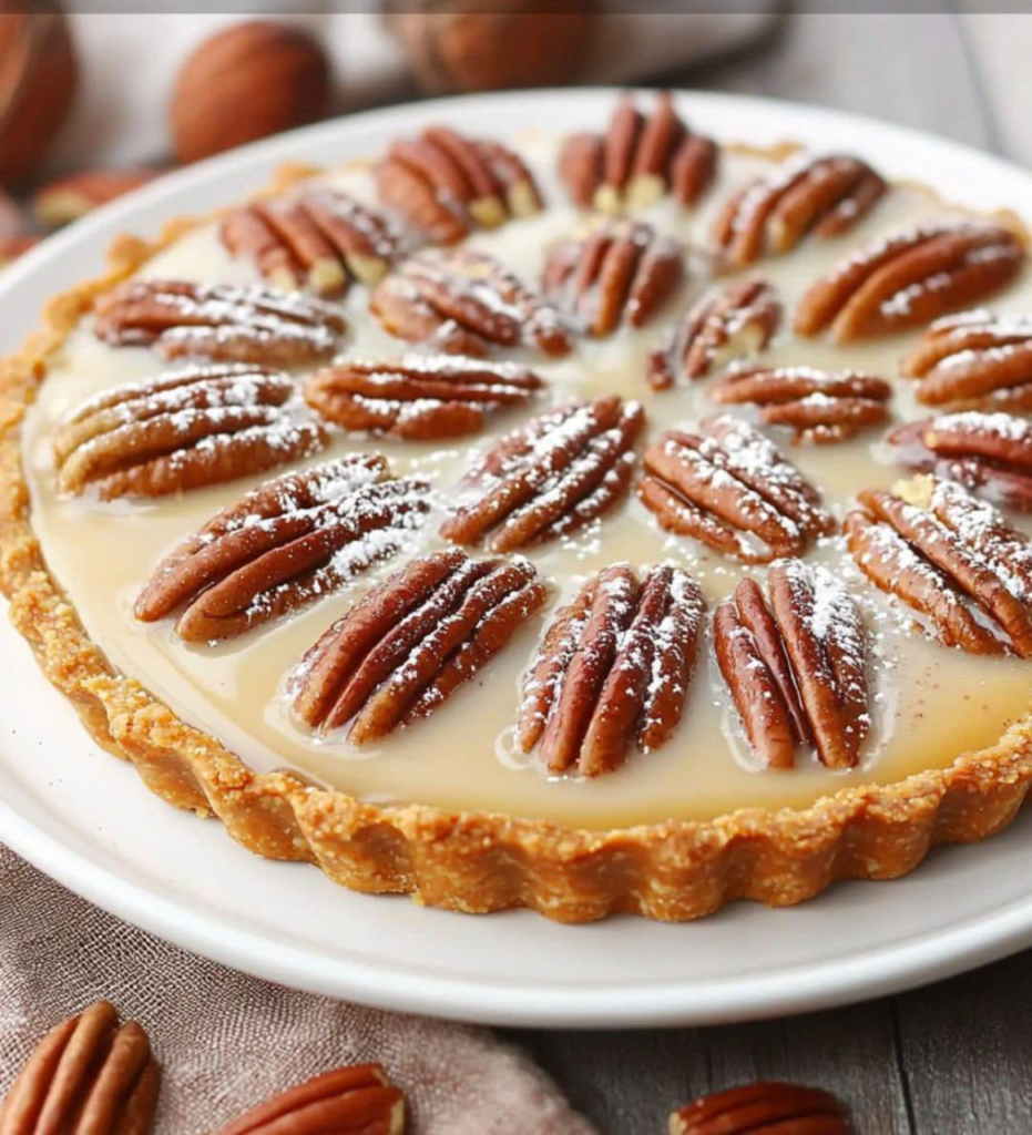 Tarte croquante vanille & pécan avec une ganache montée aérienne et un croustillant praliné, décorée d’éclats de noix de pécan et de praliné.