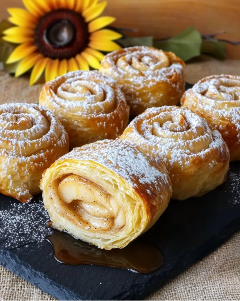 Petits roulés feuilletés aux pommes caramélisées, saupoudrés de sucre glace, servis sur une assiette avec un filet de caramel beurre salé en accompagnement.