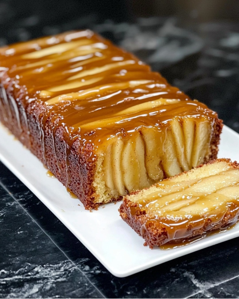 Gâteau moelleux aux pommes et amandes effilées, doré et fondant, servi sur une assiette avec un filet de miel.