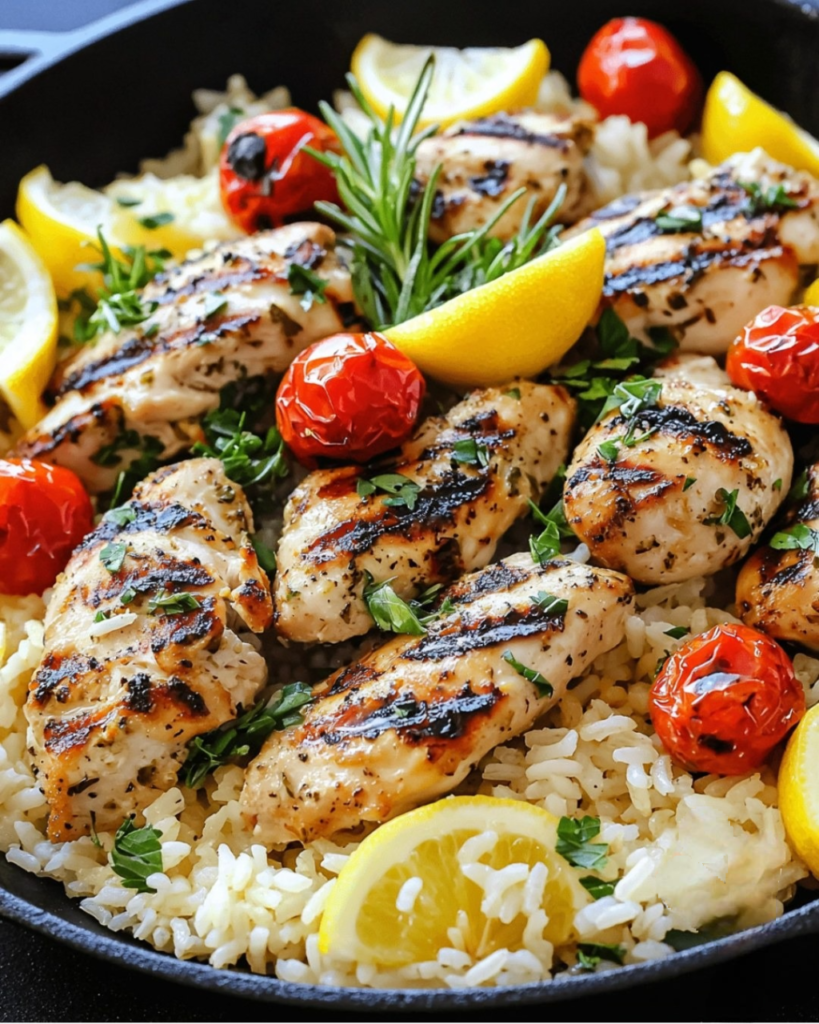 Poulet grillé doré accompagné d’un riz crémeux au citron, parsemé de feta et d’herbes fraîches, servi dans une assiette méditerranéenne.