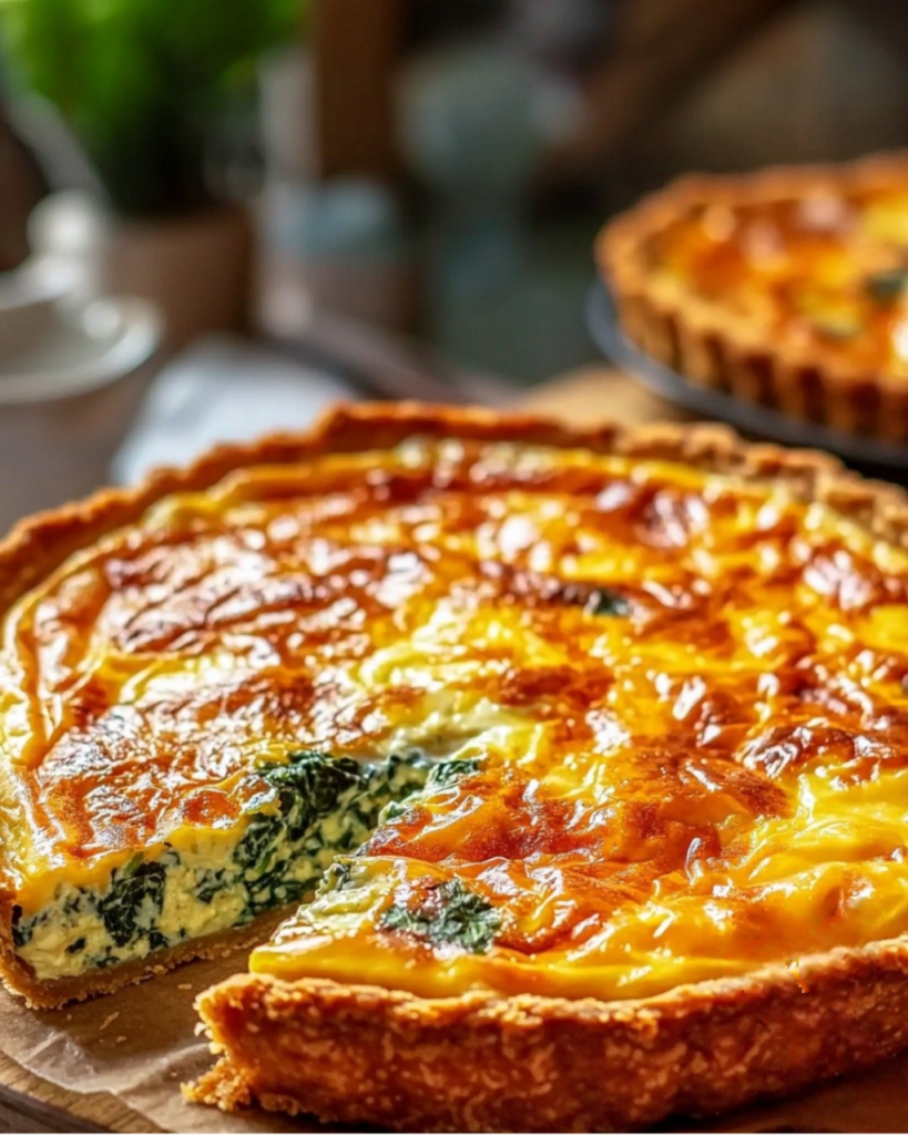 Quiche dorée au Boursin, épinards et saumon fumé, servie en parts sur une assiette avec une salade verte.