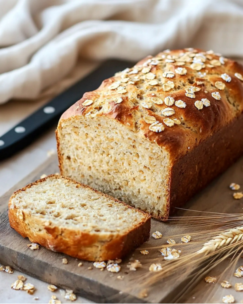 Pain moelleux à l’avoine, parsemé de noix et de graines, tranché et servi avec du miel et des fruits.