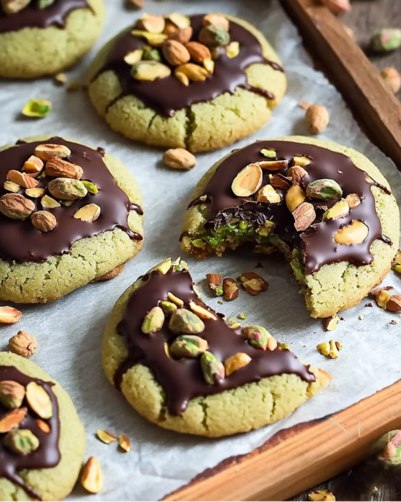 Cookies dorés et moelleux aux éclats de pistache et pépites de chocolat noir, disposés sur une assiette avec quelques pistaches entières et des morceaux de chocolat.