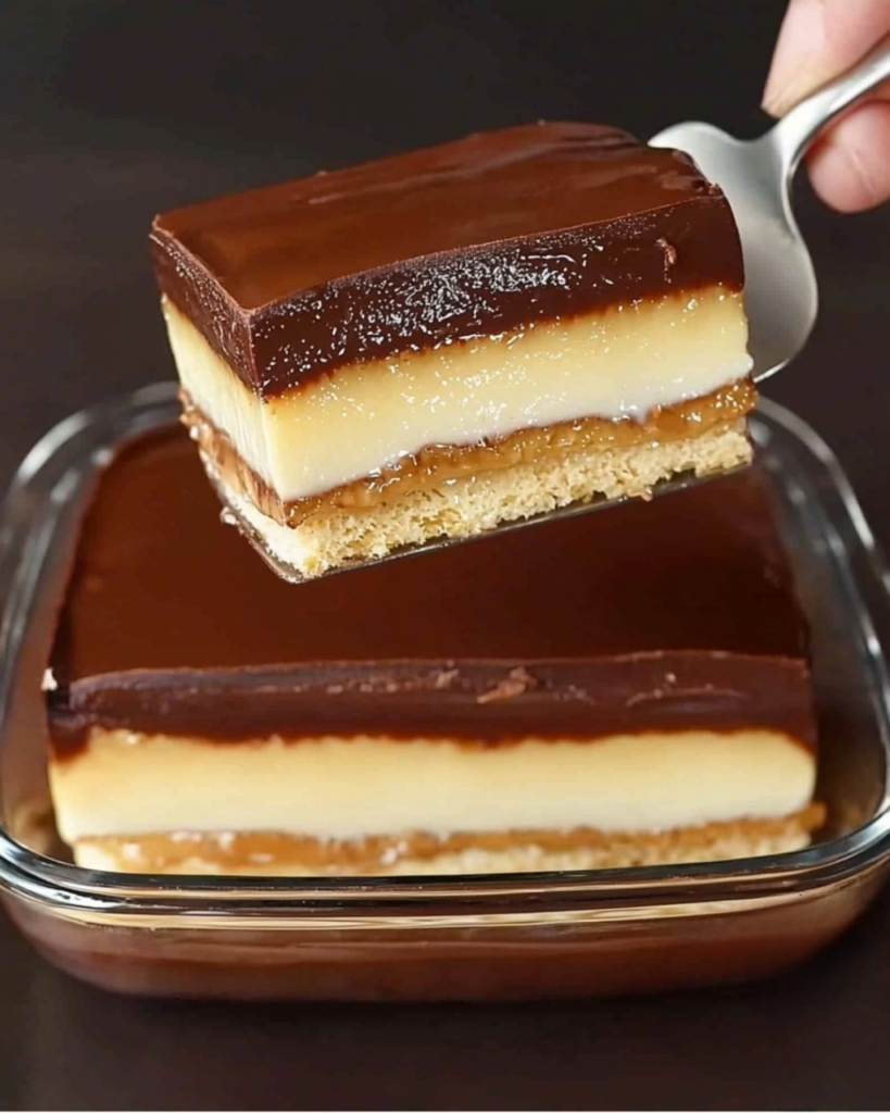 Dessert en couches composé de biscuits imbibés, d’une crème pâtissière vanille et d’un glaçage au chocolat brillant, servi en parts dans une assiette.