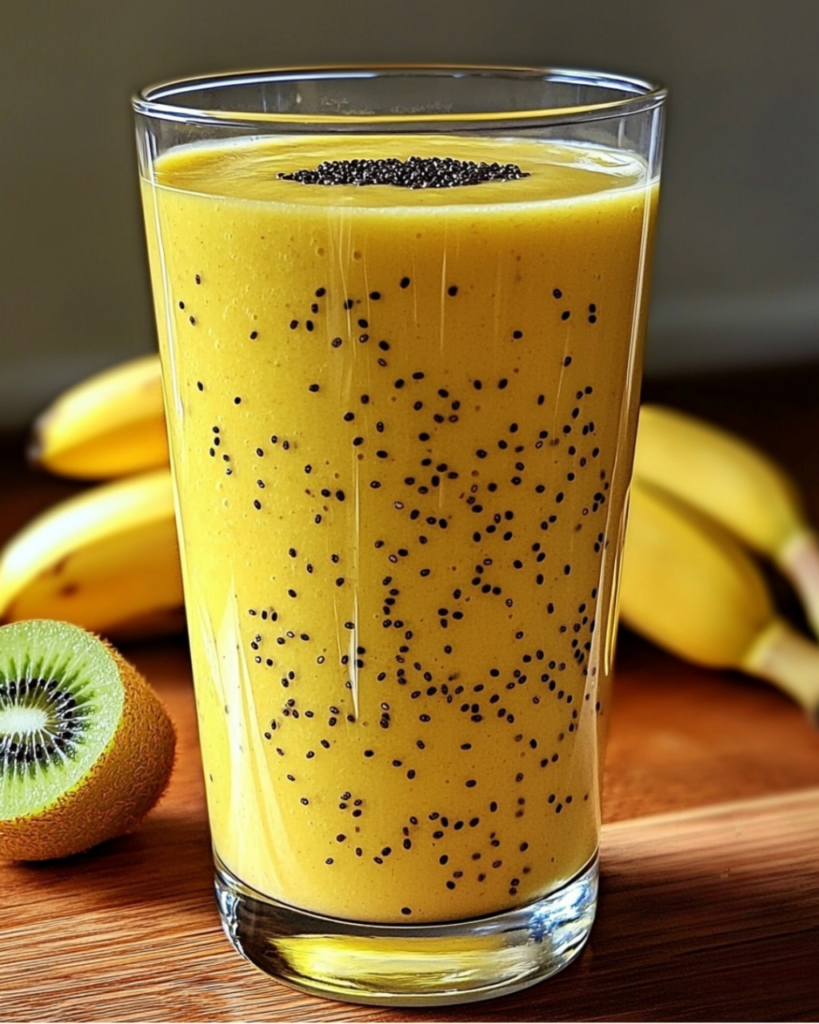 Verre de smoothie kiwi et banane vert onctueux, garni de graines de chia, avec des morceaux de kiwi et de banane en décoration sur une table en bois.