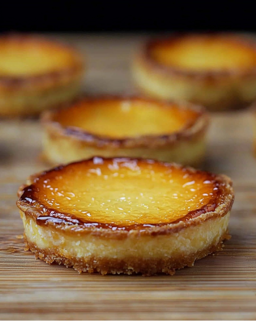 Tartelettes dorées à l’orange, garnies d’une crème onctueuse et surmontées d’une fine couche de caramel brûlé, servies sur une assiette élégante.