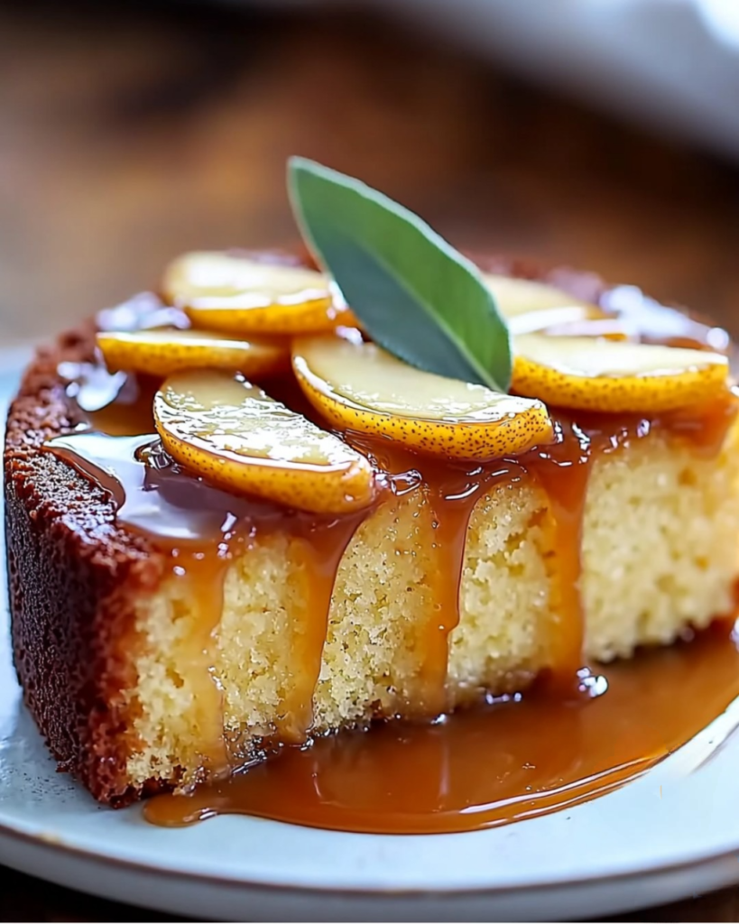 Gâteau renversé aux poires caramélisées, avec une pâte dorée aux noisettes, servi sur un plat avec un filet de caramel au beurre salé et des éclats de noisettes grillées.