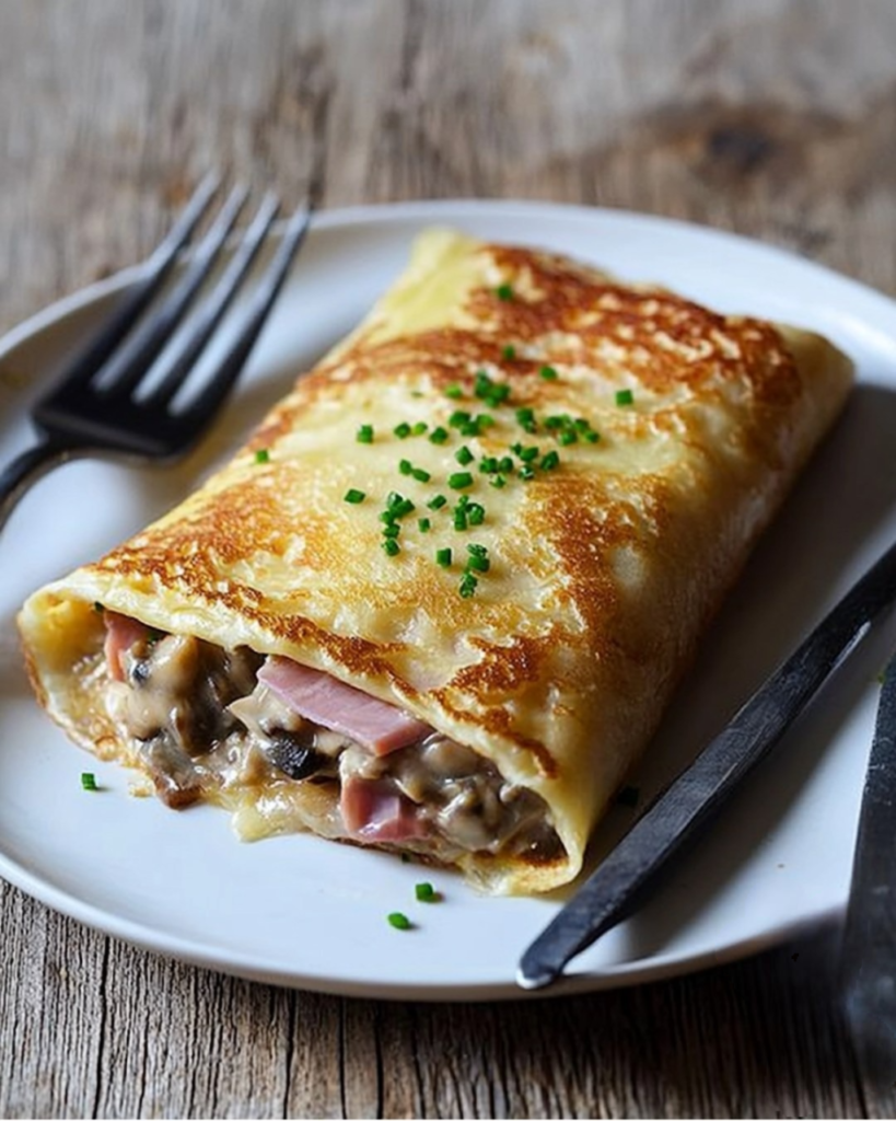 Ficelle picarde gratinée, dorée au four, avec une garniture onctueuse aux champignons et jambon, servie avec une salade verte.