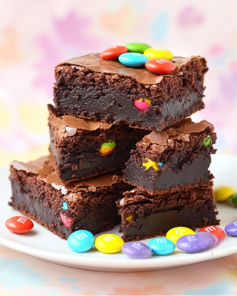 Brownies au chocolat coupés en carrés, avec des M&M’s colorés incrustés et un filet de chocolat blanc en décoration.