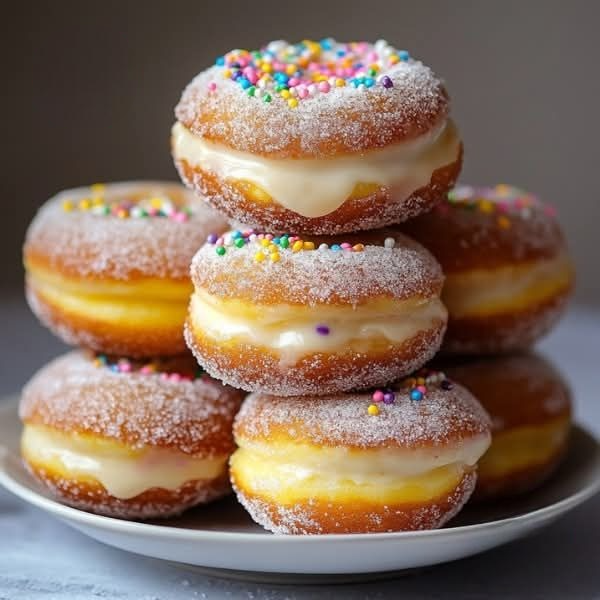 Beignets dorés et moelleux, garnis d’une crème onctueuse à la vanille, saupoudrés de sucre et de cannelle, présentés sur une assiette.