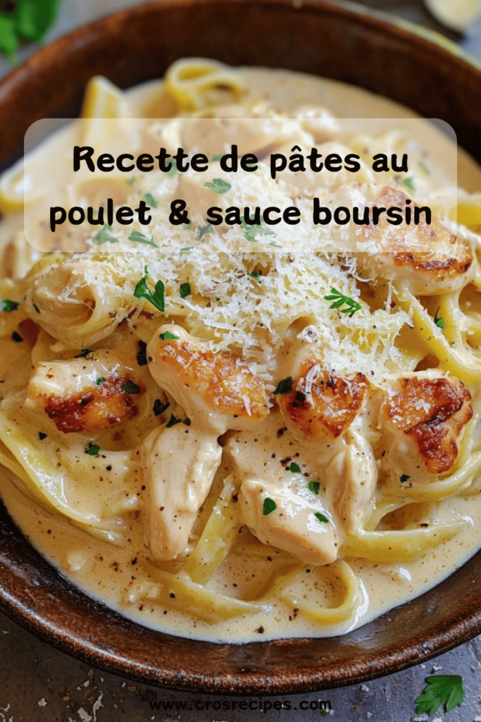 Un plat de pâtes crémeuses au poulet avec une sauce Boursin ail et fines herbes, servi dans une assiette avec du persil frais et du parmesan râpé.