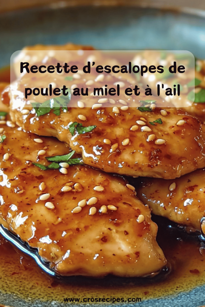 Escalopes de poulet dorées nappées d’une sauce au miel et à l’ail, parsemées de graines de sésame et de coriandre fraîche, servies avec du riz.