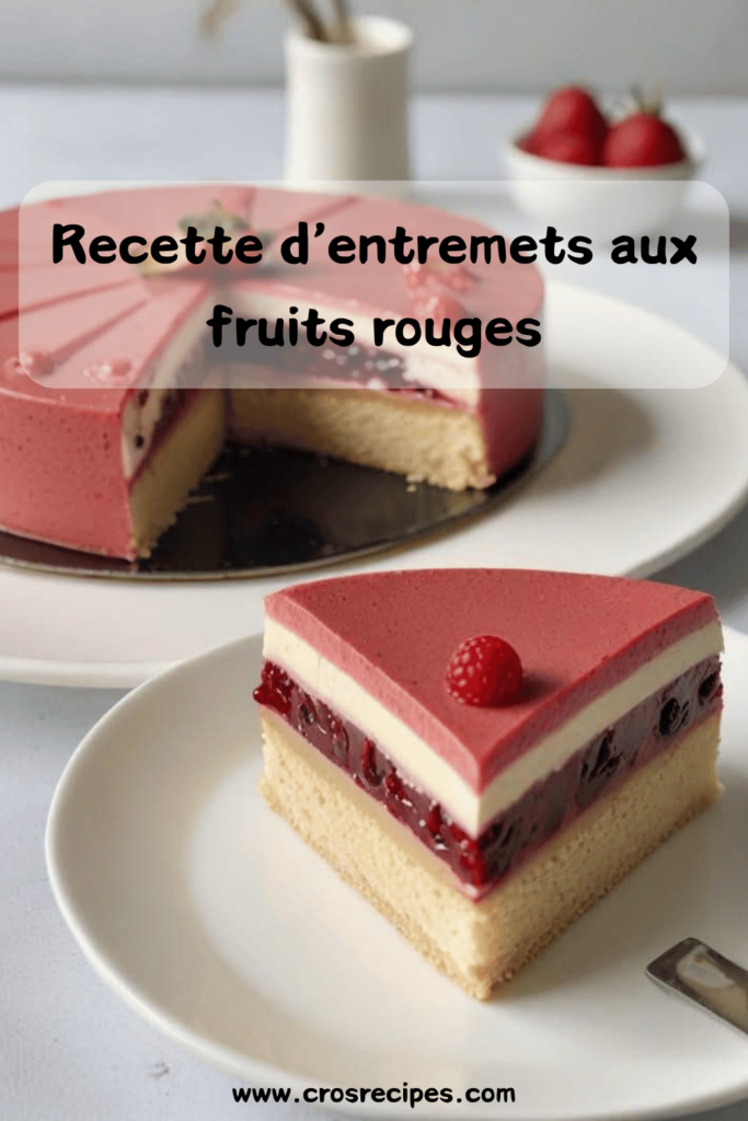 Un entremets aux fruits rouges élégant composé de trois couches : un biscuit moelleux, une mousse onctueuse aux fruits rouges et un miroir brillant, décoré avec des fraises, framboises et myrtilles fraîches.