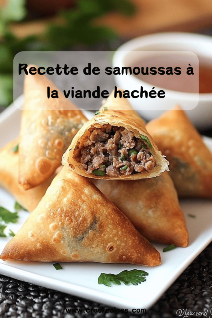 Assiette de samoussas croustillants dorés, garnis de viande épicée, accompagnés d’une sauce au yaourt.