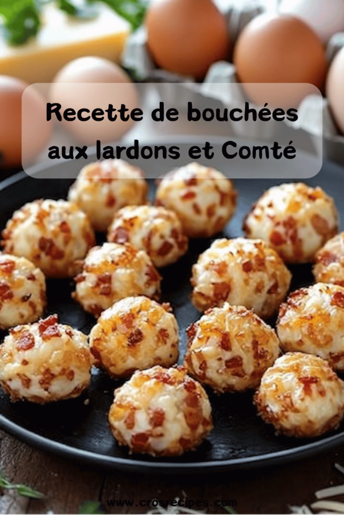 Petites bouchées feuilletées aux lardons et Comté, dorées et croustillantes, servies sur une assiette en bois.