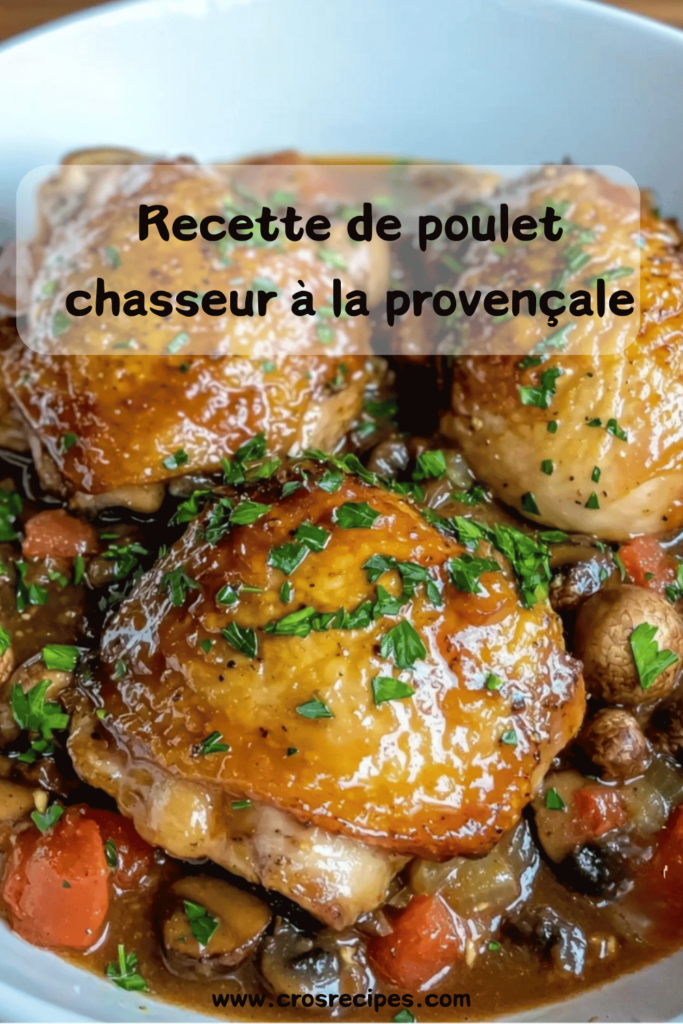 Plat de poulet chasseur à la provençale servi dans une cocotte, avec une sauce onctueuse aux tomates et champignons, parsemé de persil frais.
