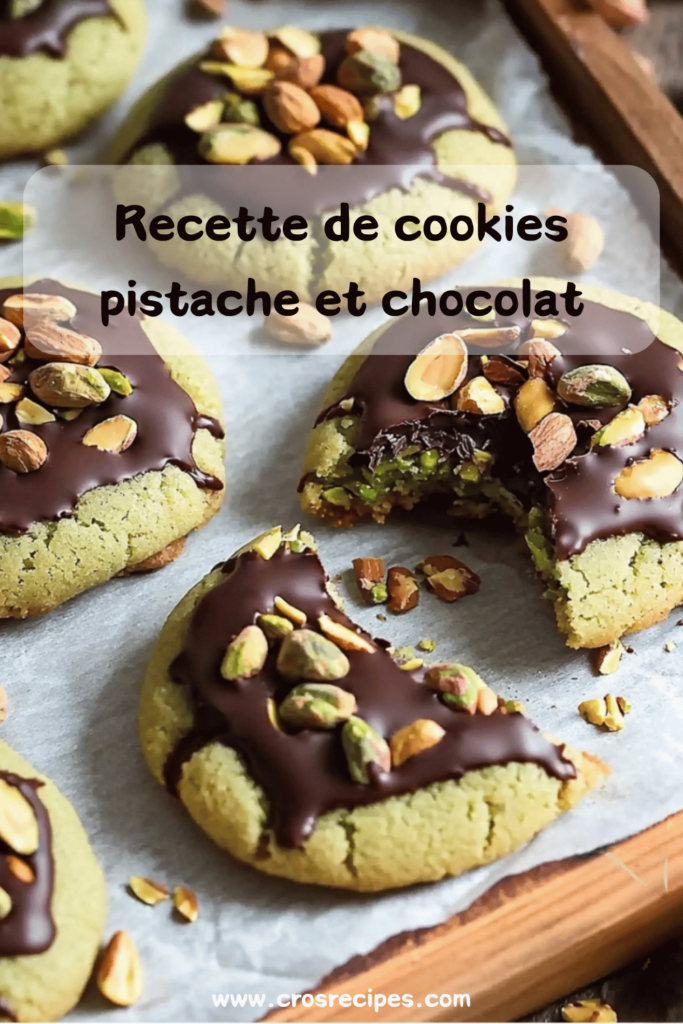 Cookies dorés et moelleux aux éclats de pistache et pépites de chocolat noir, disposés sur une assiette avec quelques pistaches entières et des morceaux de chocolat.