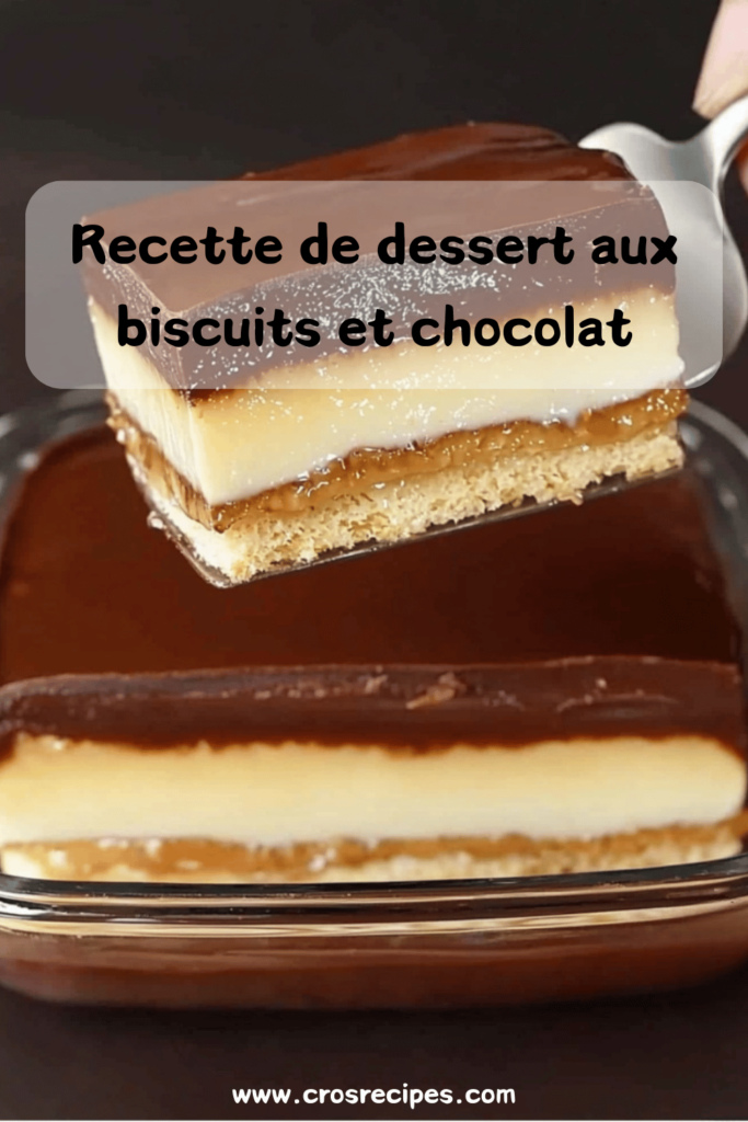 Dessert en couches composé de biscuits imbibés, d’une crème pâtissière vanille et d’un glaçage au chocolat brillant, servi en parts dans une assiette.