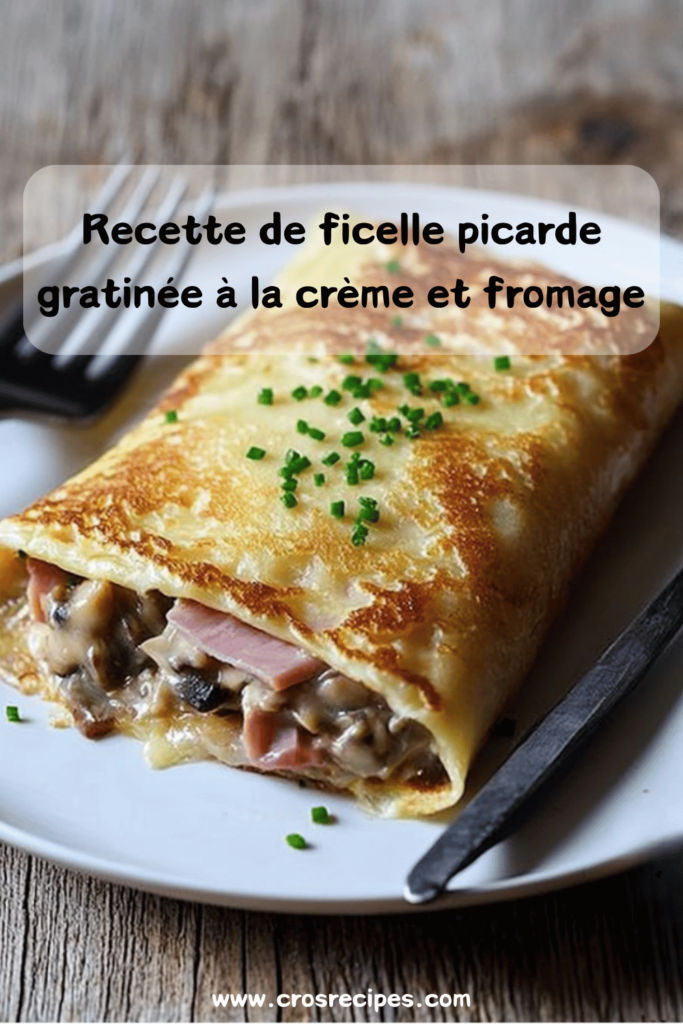 Ficelle picarde gratinée, dorée au four, avec une garniture onctueuse aux champignons et jambon, servie avec une salade verte.