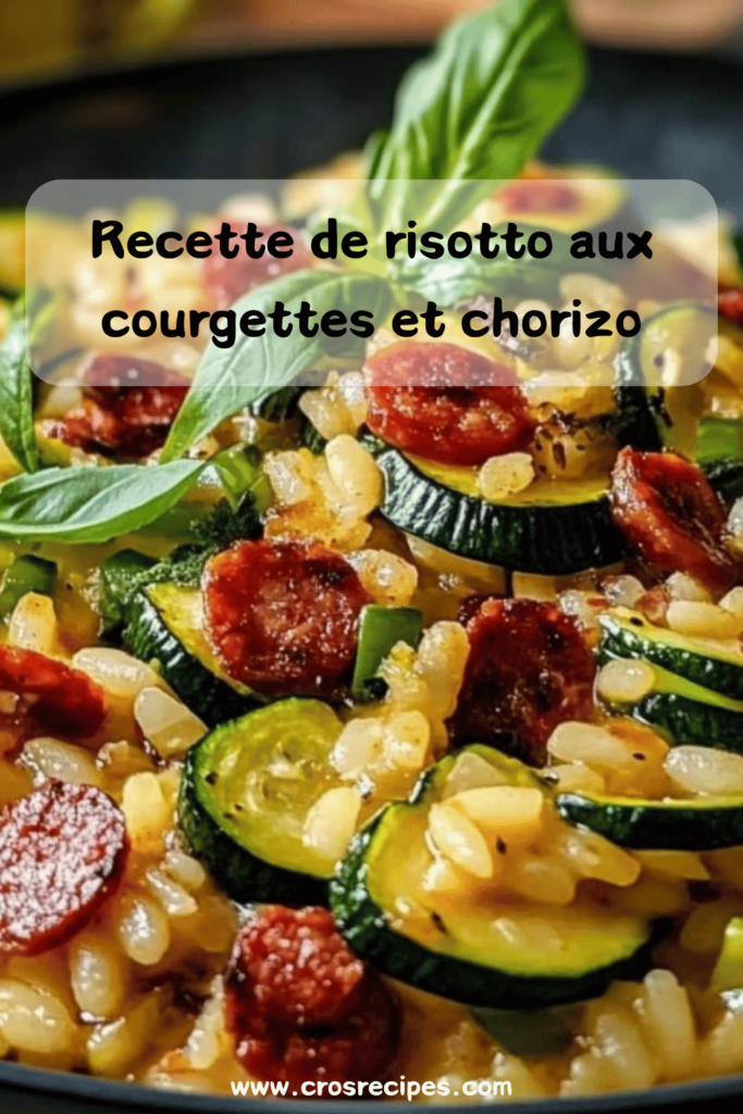 Risotto aux courgettes et chorizo crémeux, servi dans une assiette avec du parmesan râpé et du basilic frais.