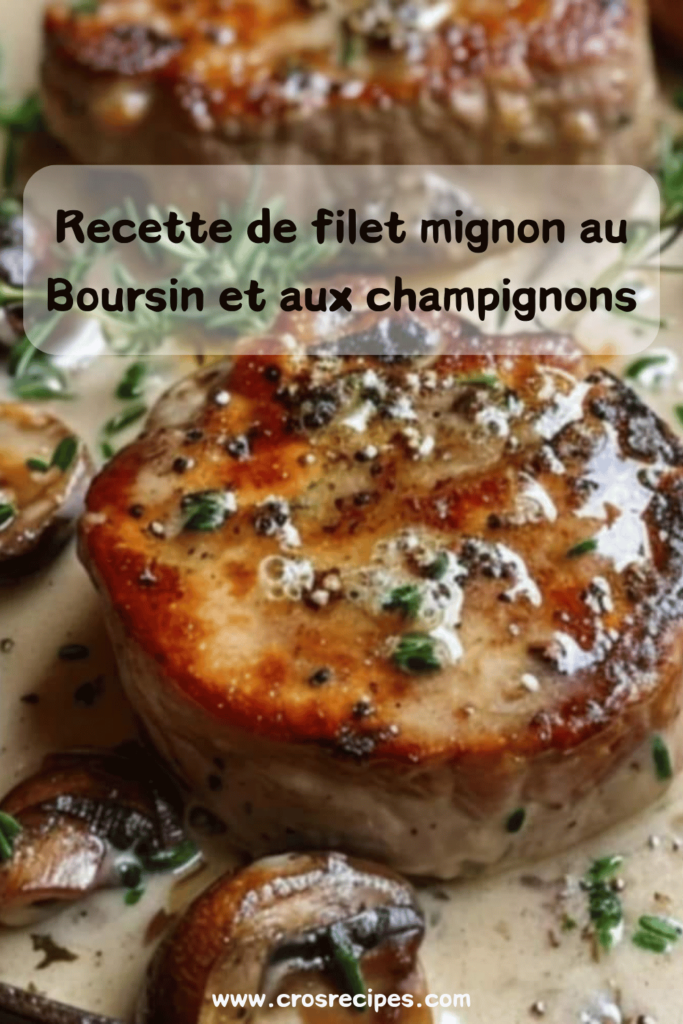 Filet mignon nappé de sauce au Boursin et champignons, servi avec des tagliatelles et du persil frais.