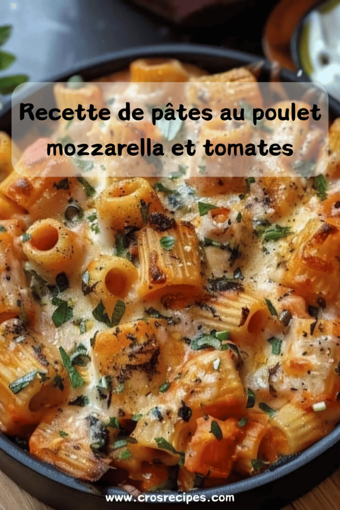 Assiette de pâtes au poulet avec mozzarella fondante et tomates, garnie de basilic frais.