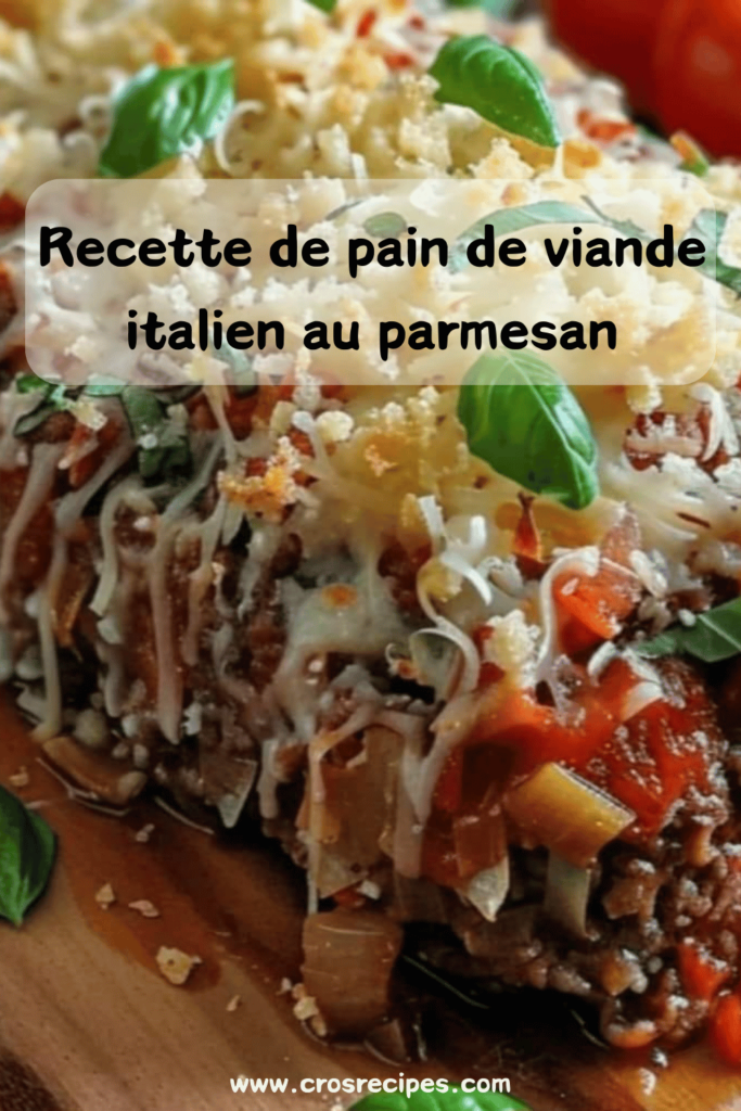 Pain de viande italien au parmesan, gratiné à la mozzarella, servi en tranches sur une assiette.