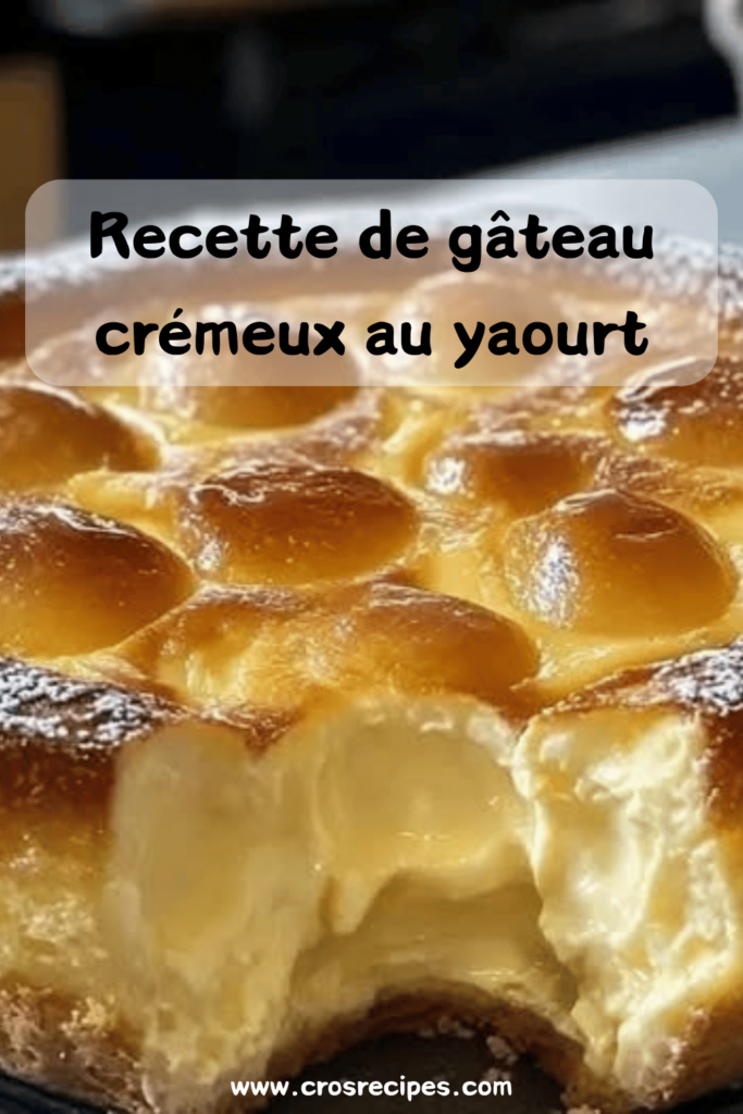 Gâteau crémeux au yaourt, doré et moelleux, présenté sur une assiette, avec une texture légère et fondante, idéal pour un goûter ou un dessert gourmand.