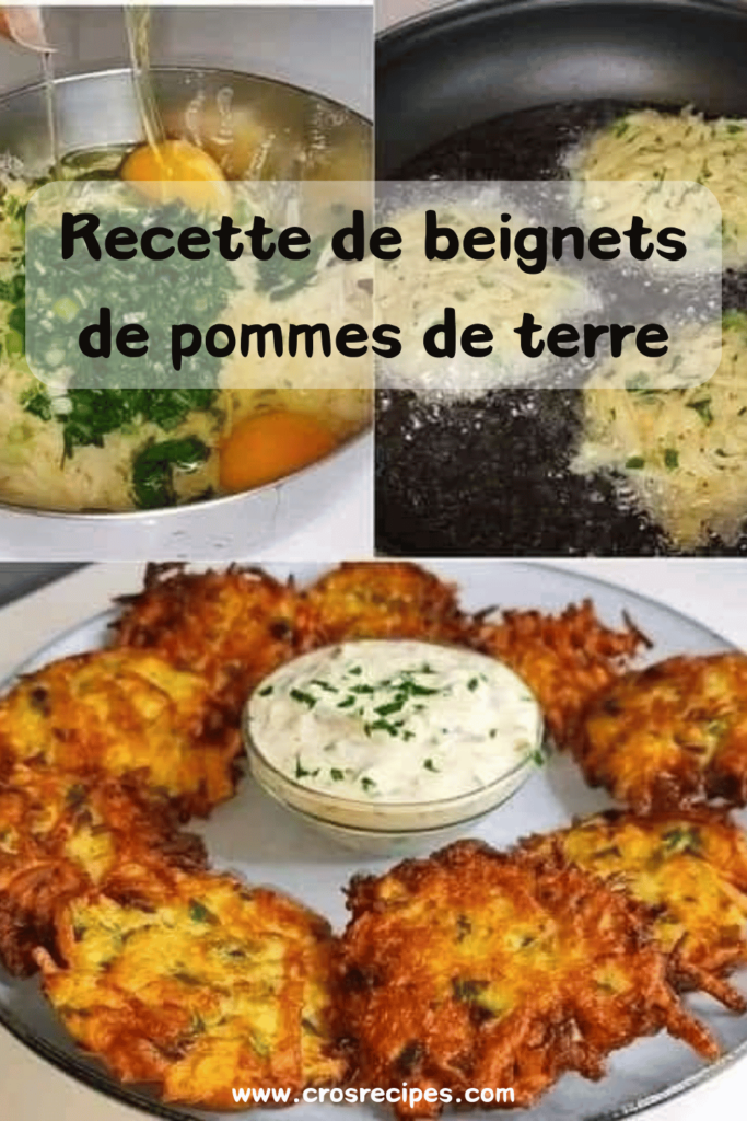 Beignets de pommes de terre dorés et croustillants, servis avec une sauce crémeuse au yaourt, citron et concombre, sur une assiette garnie d’herbes fraîches.