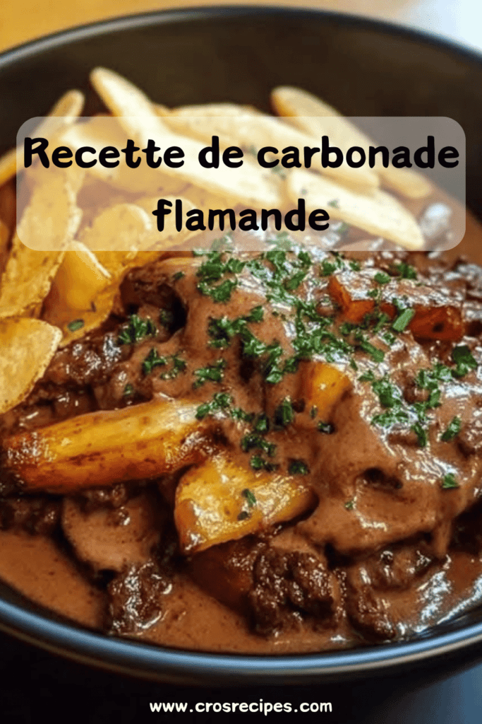 Assiette de carbonade flamande servie avec des frites dorées et croustillantes, nappée d’une sauce onctueuse à la bière et au pain d’épices.