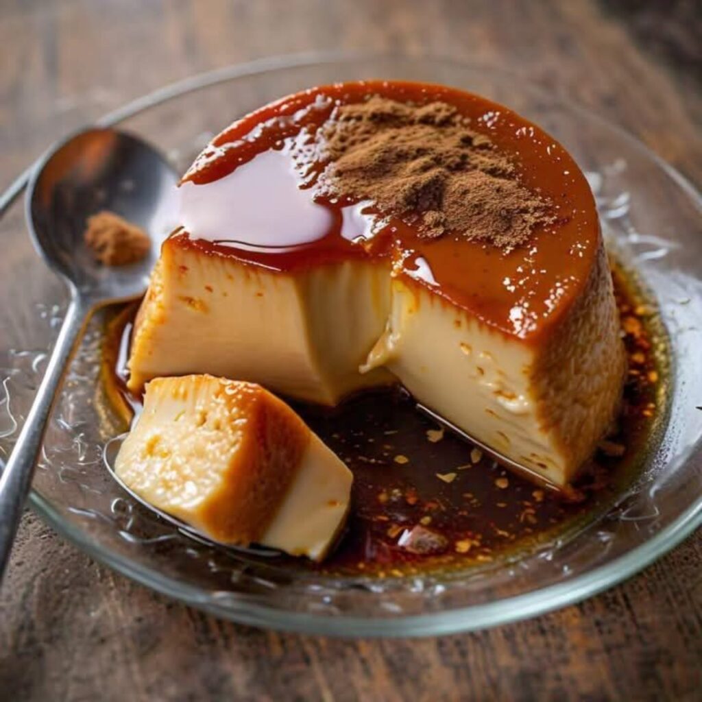 Flan au lait concentré doré et crémeux, servi sur une assiette avec un filet de caramel.