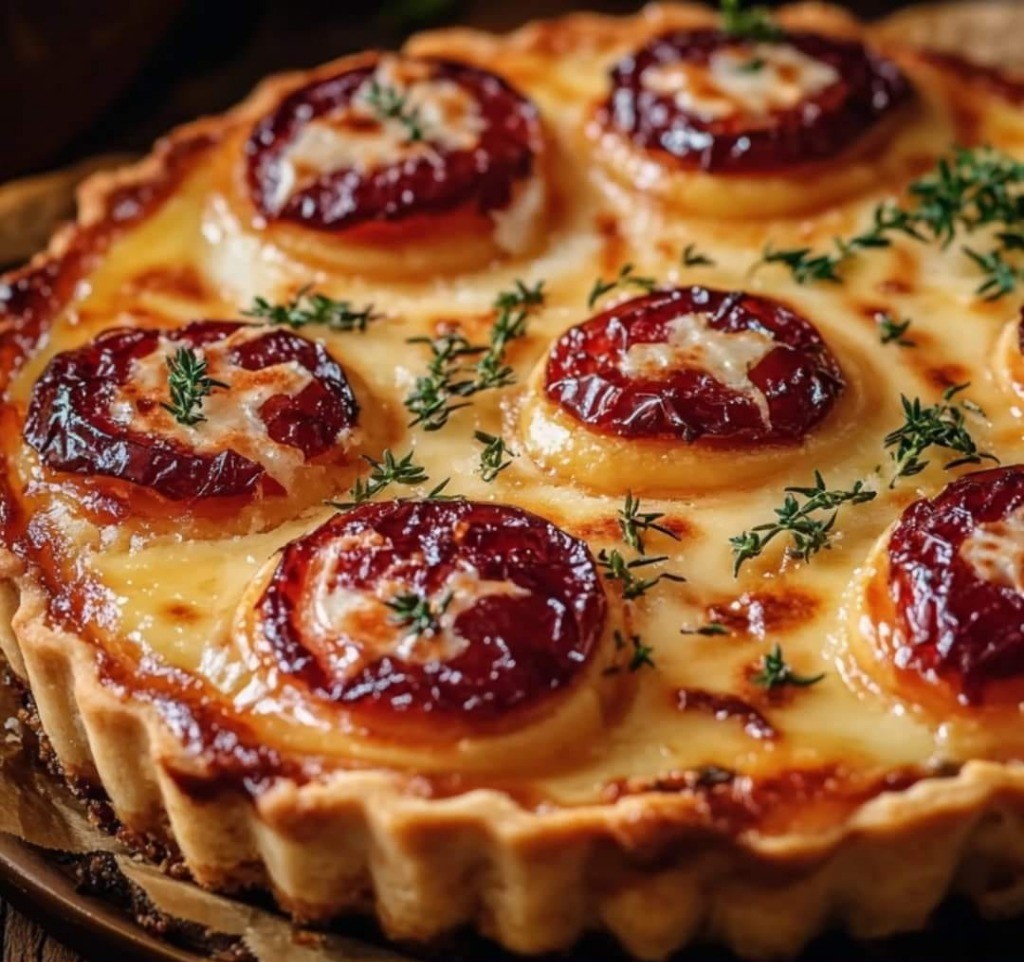 Tarte au Maroilles dorée et fondante, servie sur une assiette avec une salade verte.