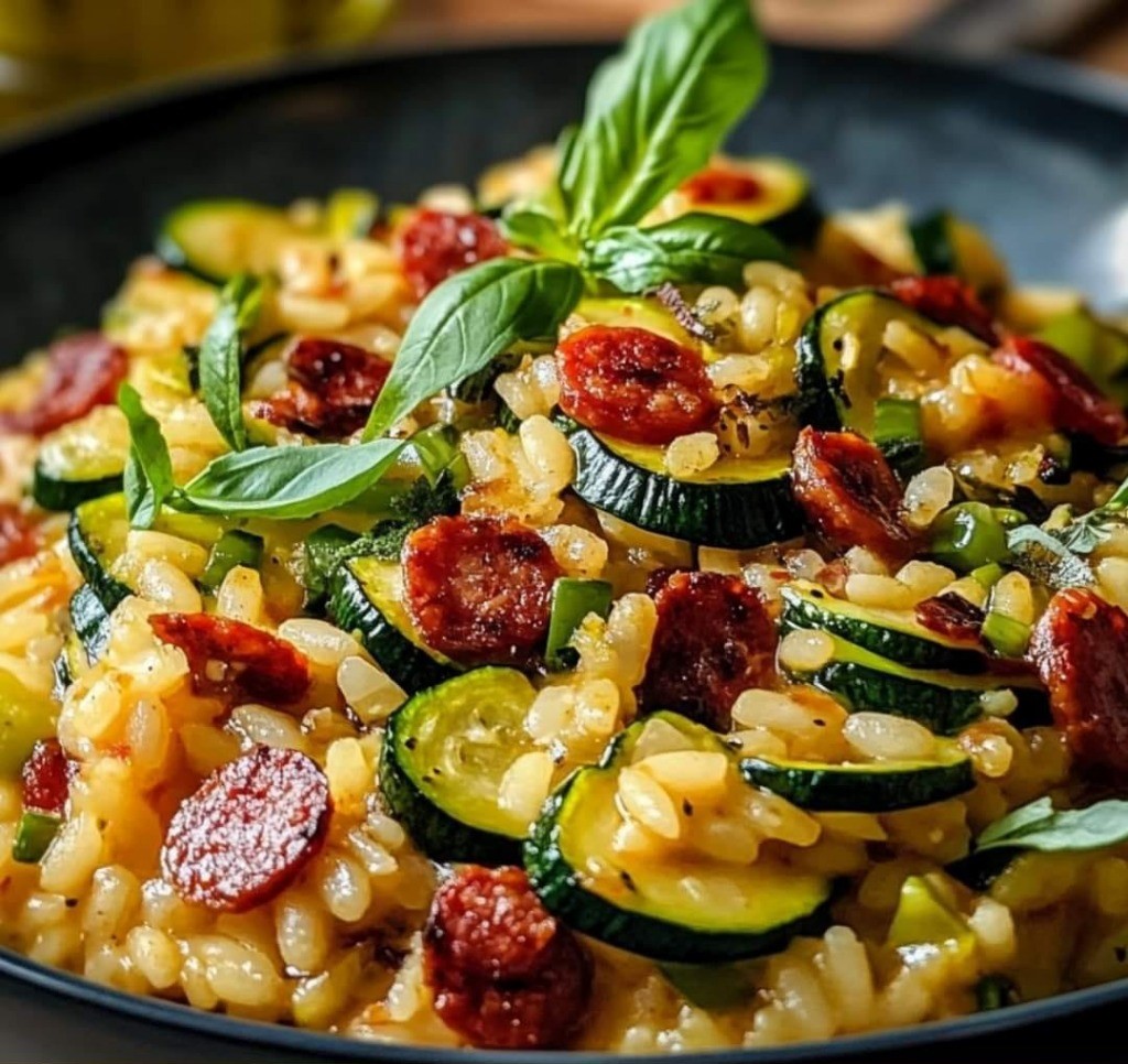 Risotto aux courgettes et chorizo crémeux, servi dans une assiette avec du parmesan râpé et du basilic frais.