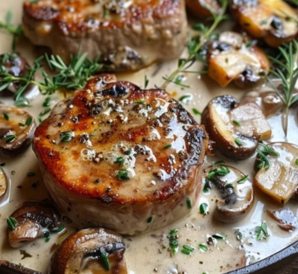 Filet mignon nappé de sauce au Boursin et champignons, servi avec des tagliatelles et du persil frais.