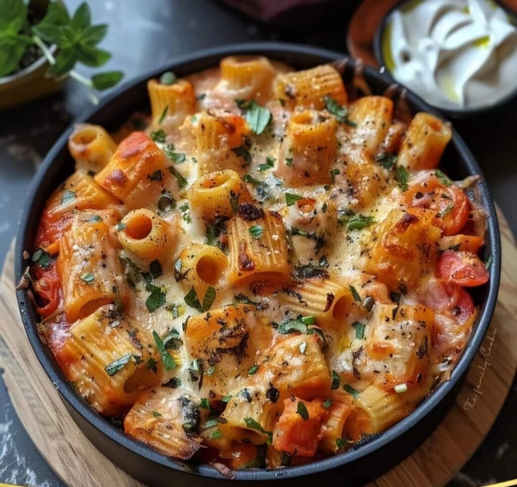 Assiette de pâtes au poulet avec mozzarella fondante et tomates, garnie de basilic frais.