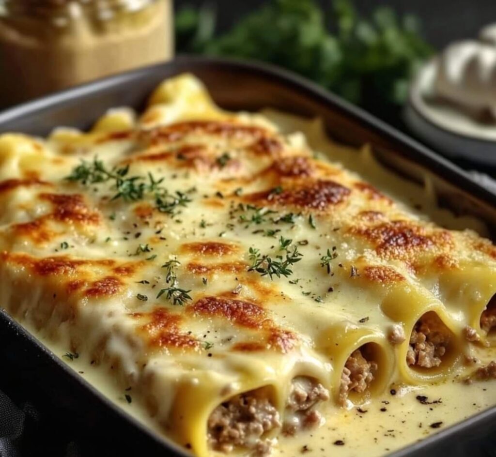 Plat de cannellonis gratinés avec une sauce béchamel crémeuse et du fromage fondu, servi dans un plat à gratin.