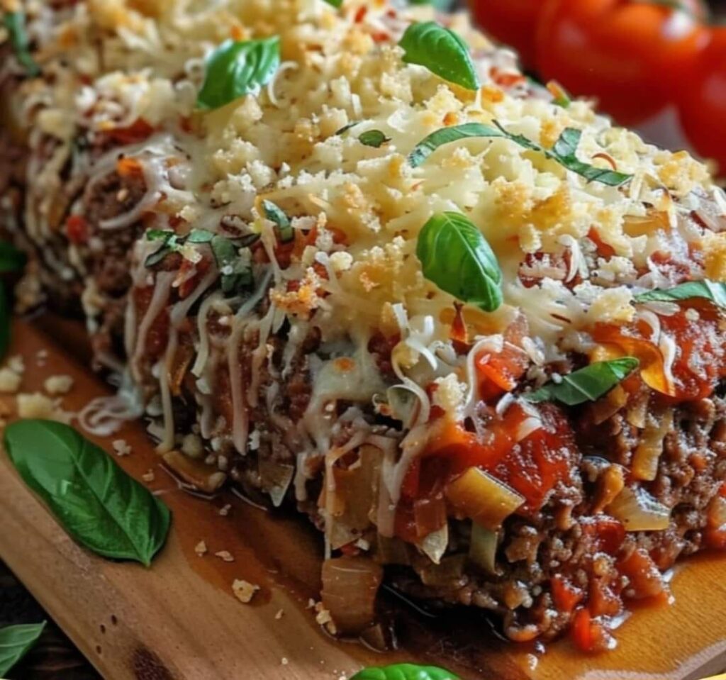 Pain de viande italien au parmesan, gratiné à la mozzarella, servi en tranches sur une assiette.